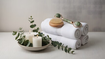 Spa Still Life: Rolled White Towels, Jade Roller, Brush, Candles, and Eucalyptus