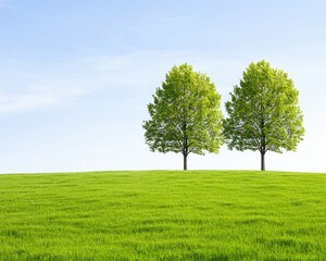 Obraz premium Twin trees on a vivid green field meet a clear blue sky. Lush, vibrant, and serene. A simple yet impactful composition promoting peace and growth