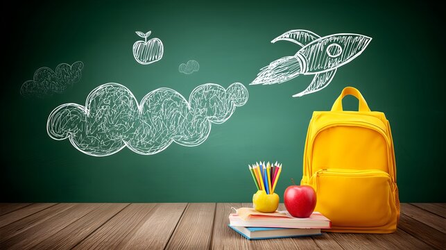 Yellow backpack, books, colored pencils and apples with rocket and clouds drawings on green chalkboard