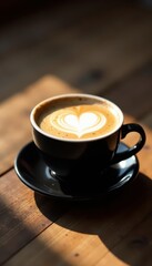 Black cup, heart-shaped latte art, sunlit rustic wood , drink, detail