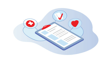 Isometric clipboard with medical symbols including a plus sign heart and checkmark on a light background
