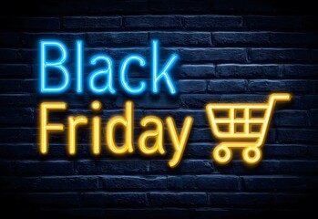 Obraz premium Black friday neon sign with shopping cart on brick wall