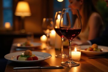 Obraz premium Candlelit dinner, close-up wine glasses clinking , wood, texture, anniversary