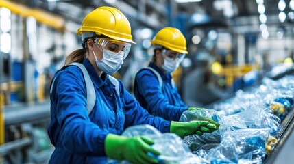 Waste management workers sorting recyclables in industrial facility clean environment close-up view sustainability focus