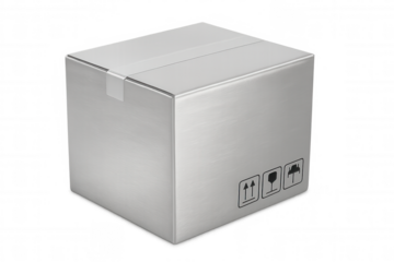 Metallic delivery box bearing shipping symbols, isolated against transparent surface, representing logistics industry packaging design