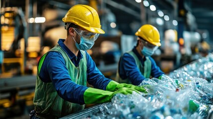 Fototapeta premium Recycling workers organizing plastic waste industrial facility editorial image indoor setting close-up view sustainability efforts