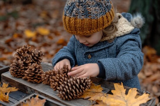 Child collects pinecones while playing in autumn leaves at a forest park