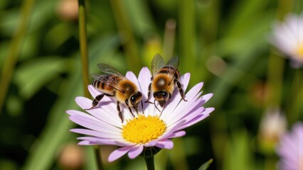 TwoHoneybees

Pollinating

a

Delicate

Purple

Daisy

Flower

in

a

Sunlit

Garden;

Close-up

Macro

Photography