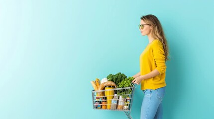 Side profile of smiling woman in yellow sweater with grocery cart full of organic produce and bread on bright teal background for healthy shopping and retail promotion video - Powered by Adobe
