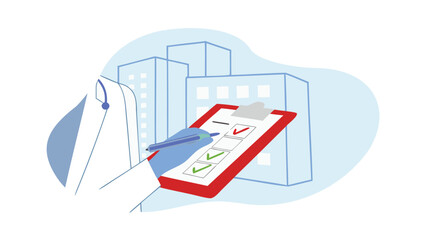 Doctor filling out a medical checklist on a clipboard in front of city buildings in the background