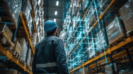 Warehouse inventory management industrial storage facility digital technology modern environment side view efficient logistics solutions