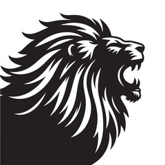 Fototapeta premium Stylized black and white vector illustration of a powerful roaring lion head with a majestic mane, perfect for a logo or emblem design