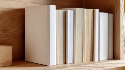 A collection of books stands upright on a wooden shelf, showcasing various sizes and colors, creating a visually appealing arrangement that suggests knowledge and education.