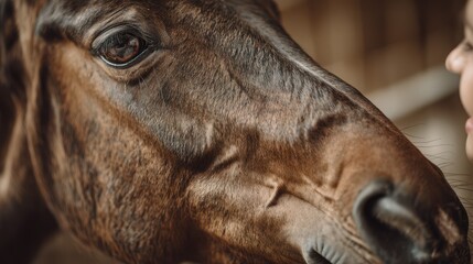Close encounter between a horse and a person in a warm, rustic barn setting during late afternoon light