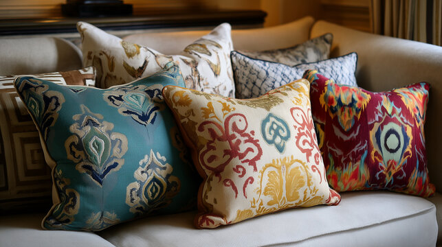 ai decorative pillows arranged on a cozy couch in an elegant living room showcasing vibrant patterns and colors