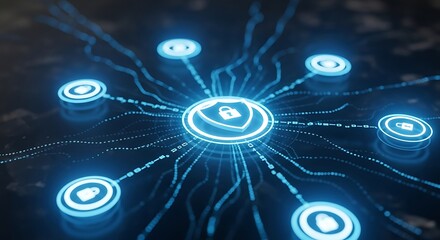 Glowing Cyber Security Shield with Padlock and Connected Nodes on Dark Blue Background