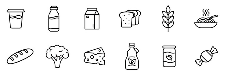 Minimalistic black-and-white line icons representing various grocery and food items, including milk, bottled drinks, cheese, cooking oil, bread, wheat, pasta, canned food, broccoli, yogurt, and candy.
