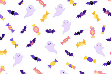 Halloween Seamless Pattern with Cute Ghosts and Bats