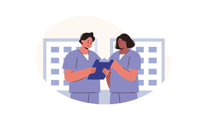 Two healthcare workers in scrubs reviewing a clipboard in front of a window with light background