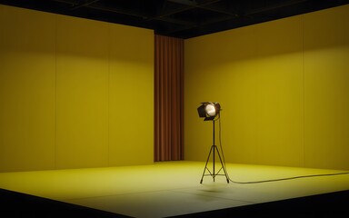 Illuminated Stage with Spotlight and Yellow Walls, Dramatic Lighting and Shadows
