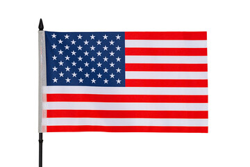 The US national flag with a black plastic pole and a flat laid canvas, isolated on a transparent background. Blank for holiday artwork with a clipped path, symbol of the national unity