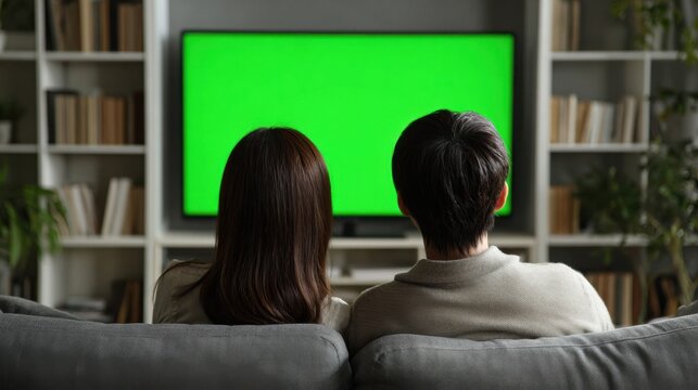 Couple watching tv at home with green screen indoor living room candid moment cozy atmosphere back view