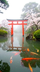 Japanese garden with a torii gate reflecting in a pond