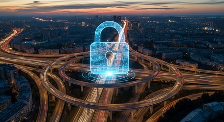 Glowing Digital Padlock Over Busy City Interchange at Dusk, Representing Cybersecurity and Data Protection