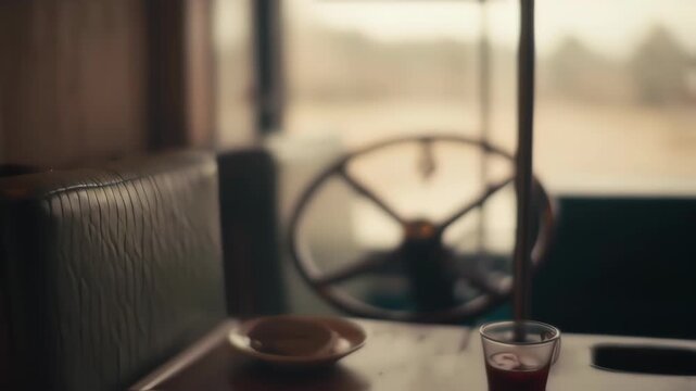 Interior view of a vintage vehicle. A steering wheel and seat are visible, with a blurred background