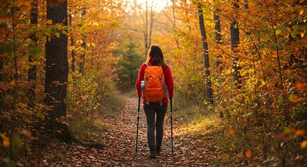 Fototapeta premium A Woman's Solitary Hike Through a Golden, Sun-Dappled Autumn Forest
