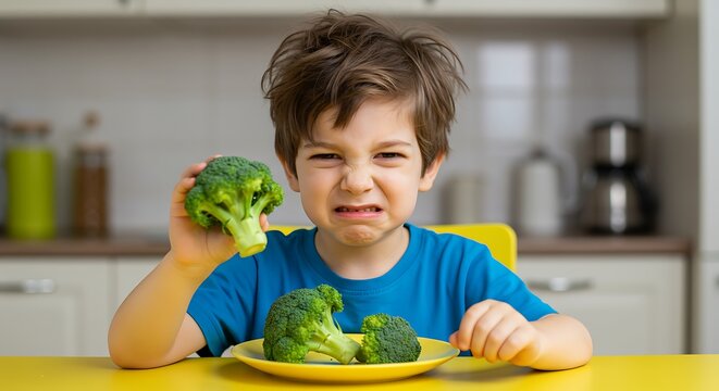 A young boy's expressive grimace of disgust for healthy green broccoli