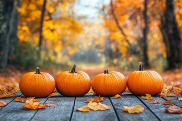 Bright orange pumpkins lined up on a wooden table in a fall forest setting