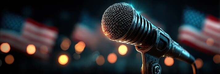 Microphone prominently displayed with American flags in the background during a live event at night, capturing the energy of the occasion