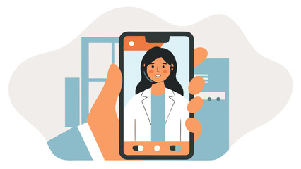 Person holding phone showing doctor during a telehealth appointment in a modern office setting view