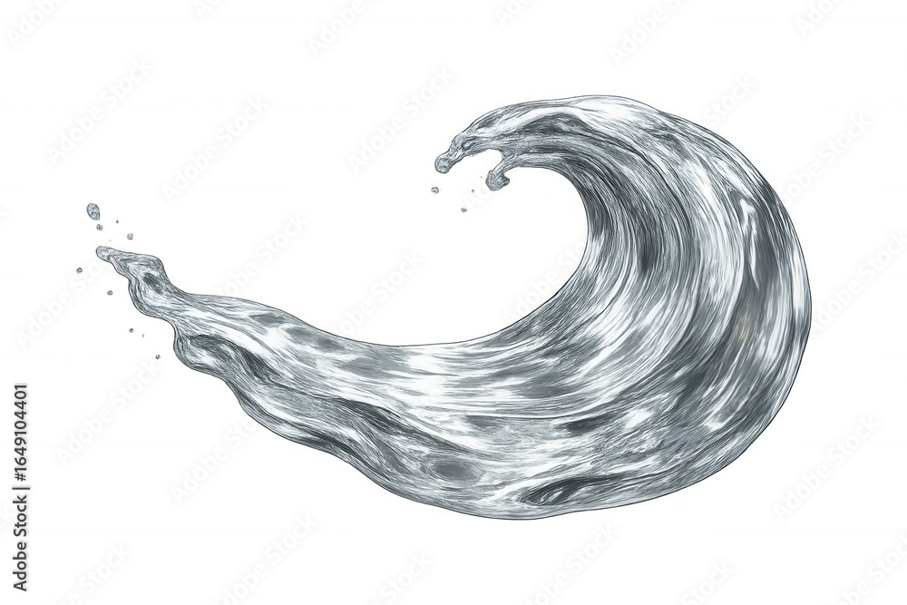 Poster water splashing dynamically, creating curved translucent wave against transparent backdrop, perfect 