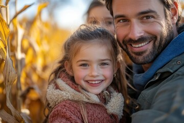 Obraz premium Smiling father and daughter enjoy a joyful moment in a cornfield during autumn