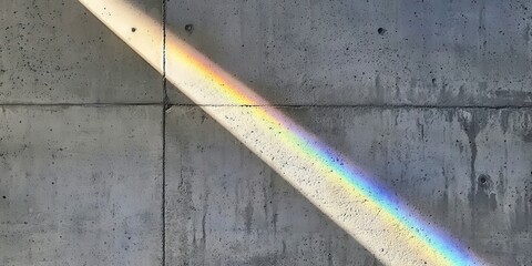 Narrow horizontal rainbow light beam on concrete wall surface