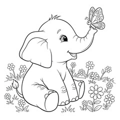 Adorable elephant line art playing with butterfly in floral field perfect for children activity and craft projects
