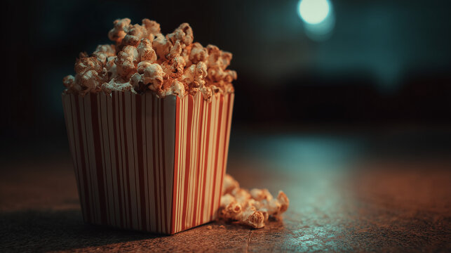 ai freshly popped popcorn in striped box on a dark table with warm lighting and a soft glow in the background