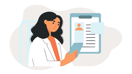 A doctor in a white coat is using a tablet while standing next to a patient information chart in a clinic