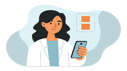Illustration of a female doctor in a white coat holding a smartphone and looking at a screen display