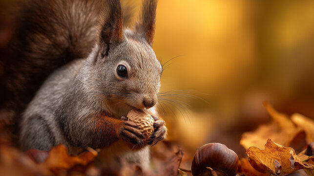 ai squirrel foraging in autumn foliage while holding an acorn - Powered by Adobe