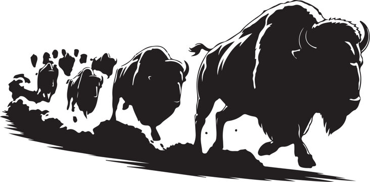 Powerful bison herd charging across plains with dust flying