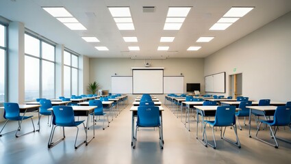 Bright empty classroom with blue chairs arranged in rows