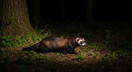 Fototapeta premium Alert Polecat Captured in a Dramatic Spotlight in a Dark Forest