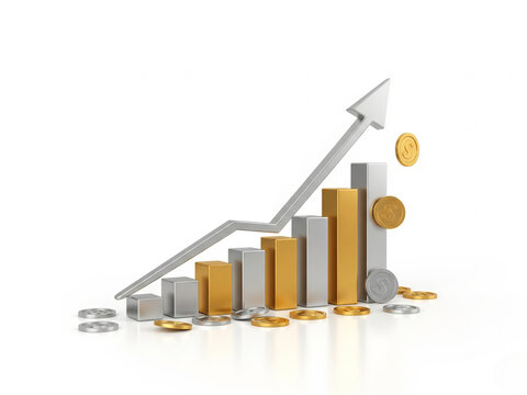 Financial success and investment growth concept depicted by a rising bar chart with an upward arrow and scattered gold and silver coins. 3D business graph.