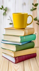 Naklejka premium Tall stack of colorful books with yellow cup in bright room