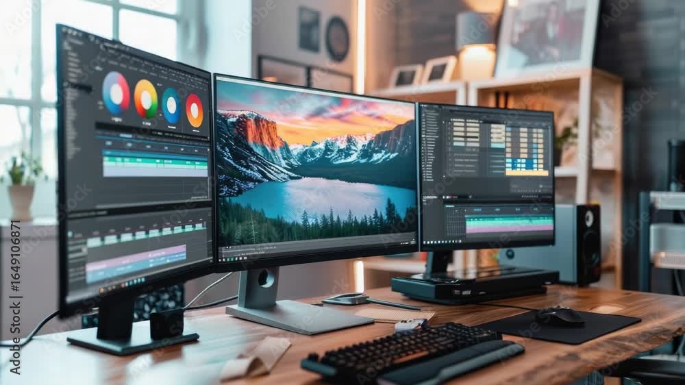 Poster a desk setup featuring two computer monitors and a keyboard, ideal for working or gaming