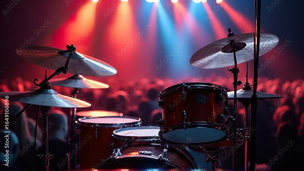 Poster a drum set up on stage ready for a live performance, ideal for event and music themed projects