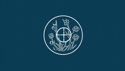 Dark background, circular emblem with stylized flowers and crosshair
